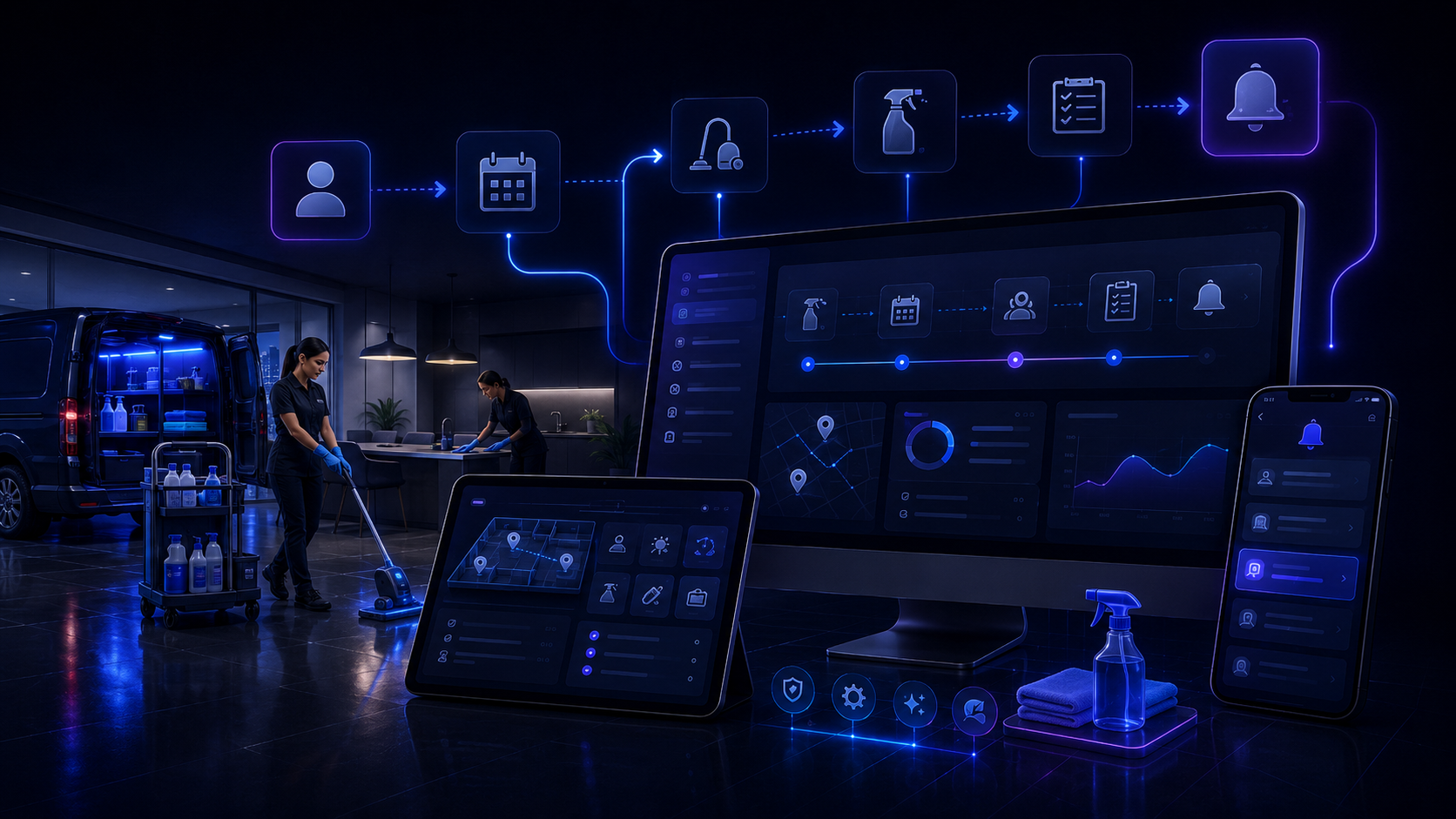 Visuel VVZ ERP Suite pour le flux de nettoyage et services à domicile